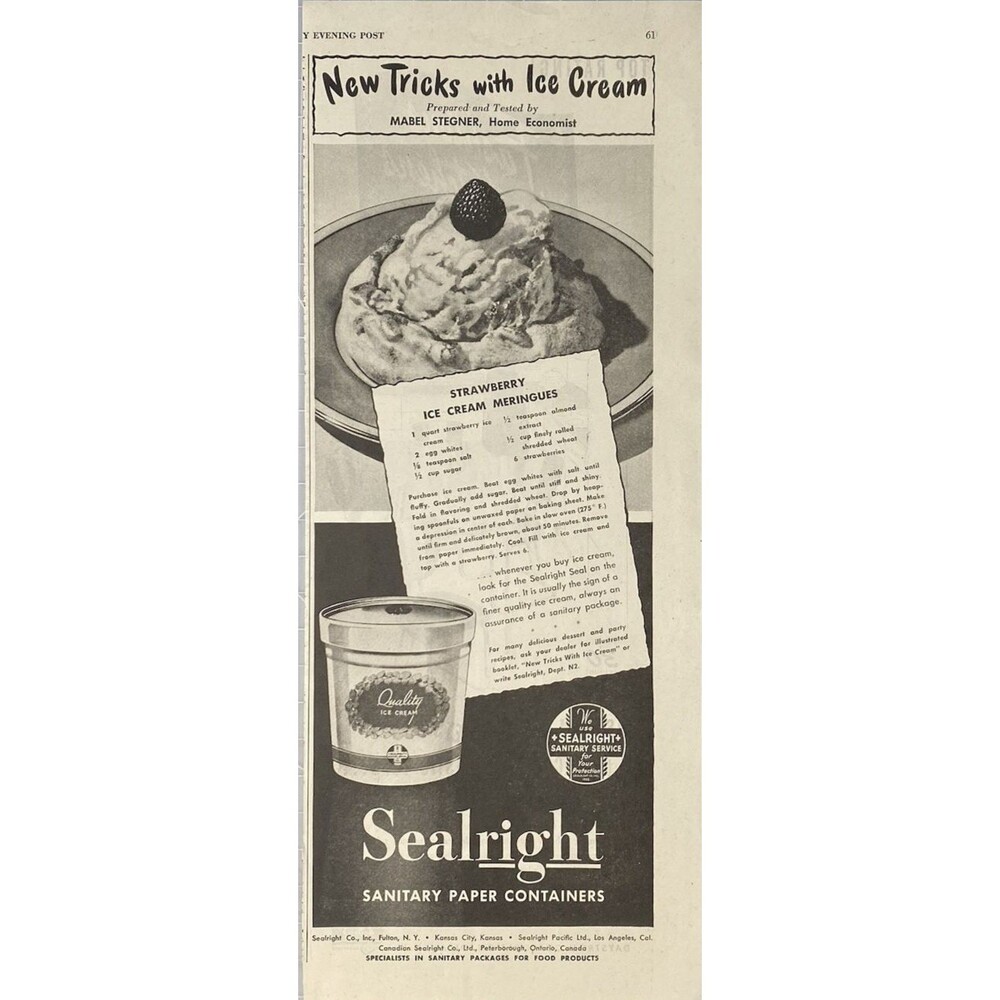 Sealright Sanitary Paper Containers "New Tricks with Ice-cream" Vtg Print Ad '46